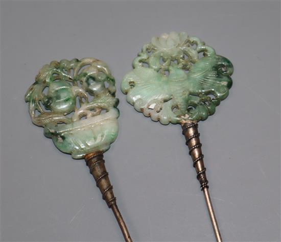 Two 19th century Chinese jadeite and silver hat pins